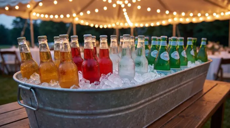 Glass bottle sodas and sparkling waters chilling in a galvanized tub of ice at an outdoor event
