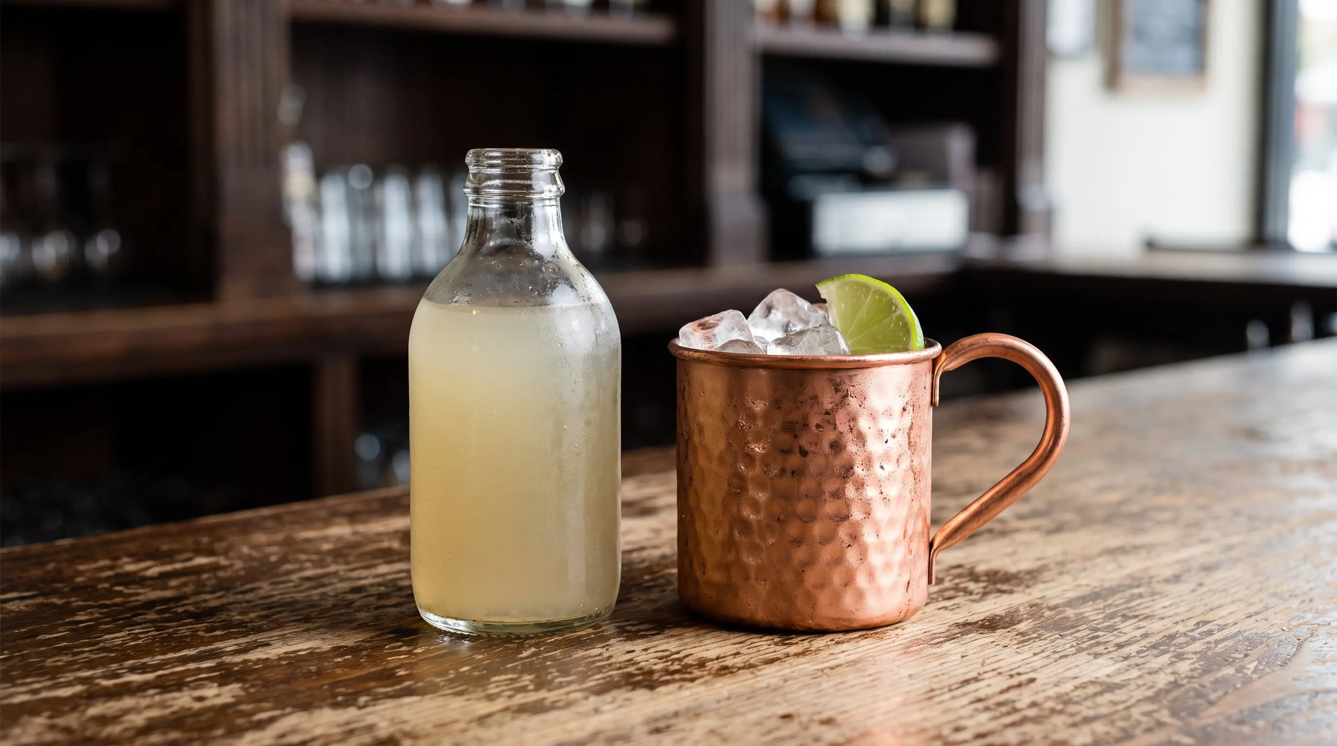 Stubby glass bottle of ginger beer next to a copper mug with ice and lime
