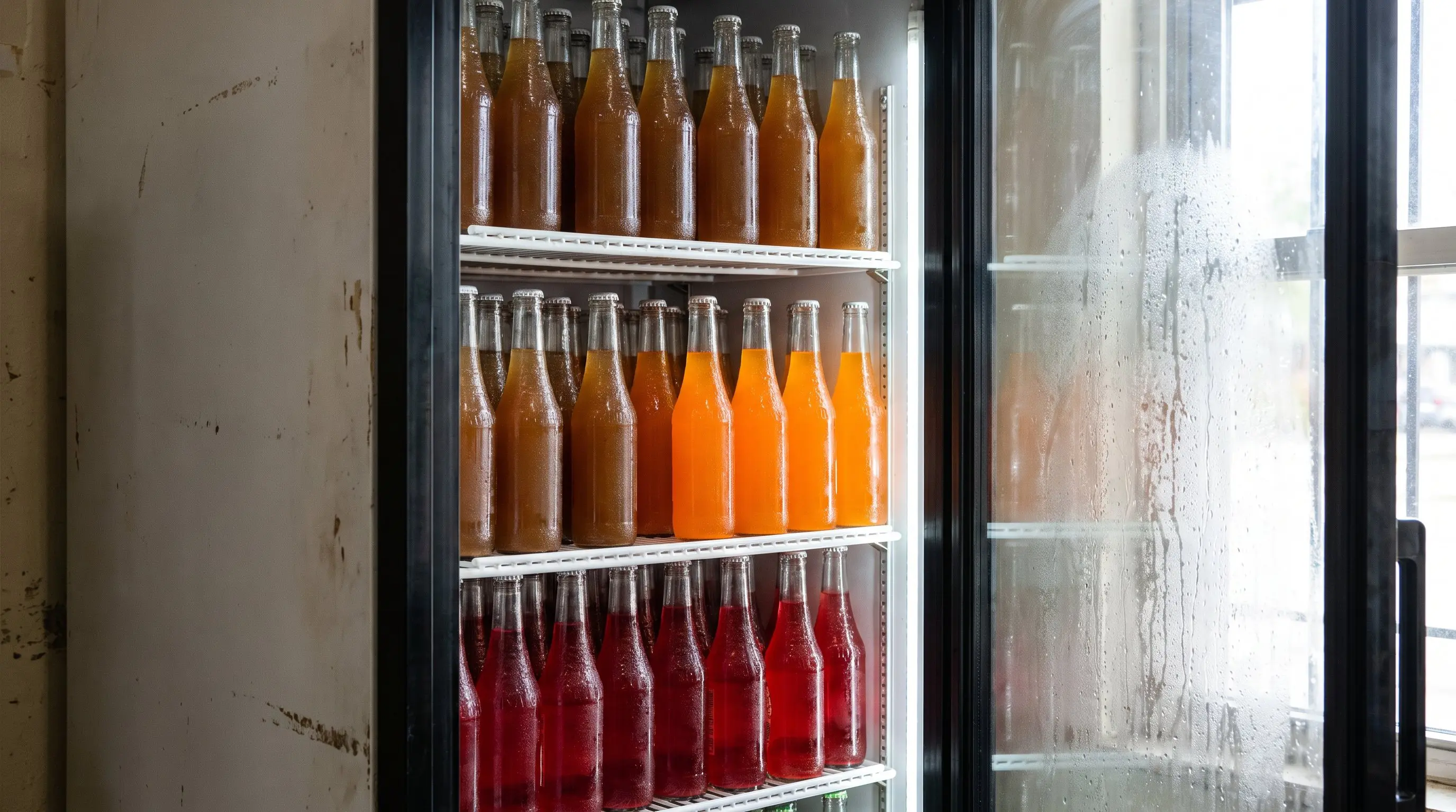 Cooler door stocked with colorful glass bottle fruit sodas