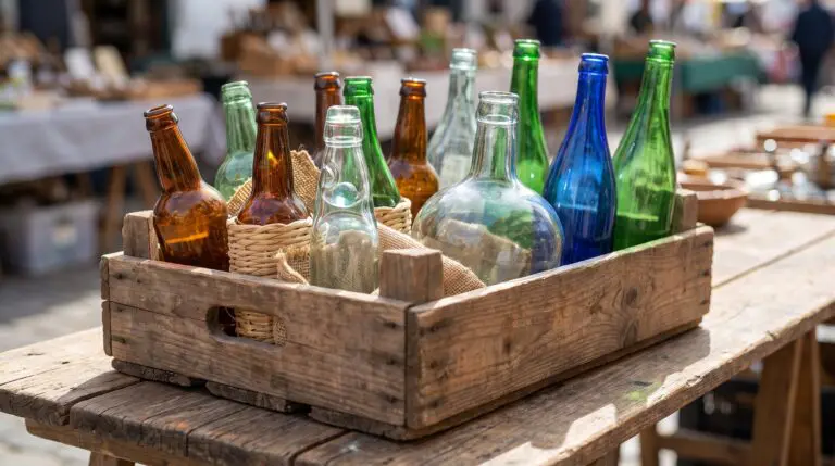 Wooden crate of assorted imported glass soda bottles on a market table