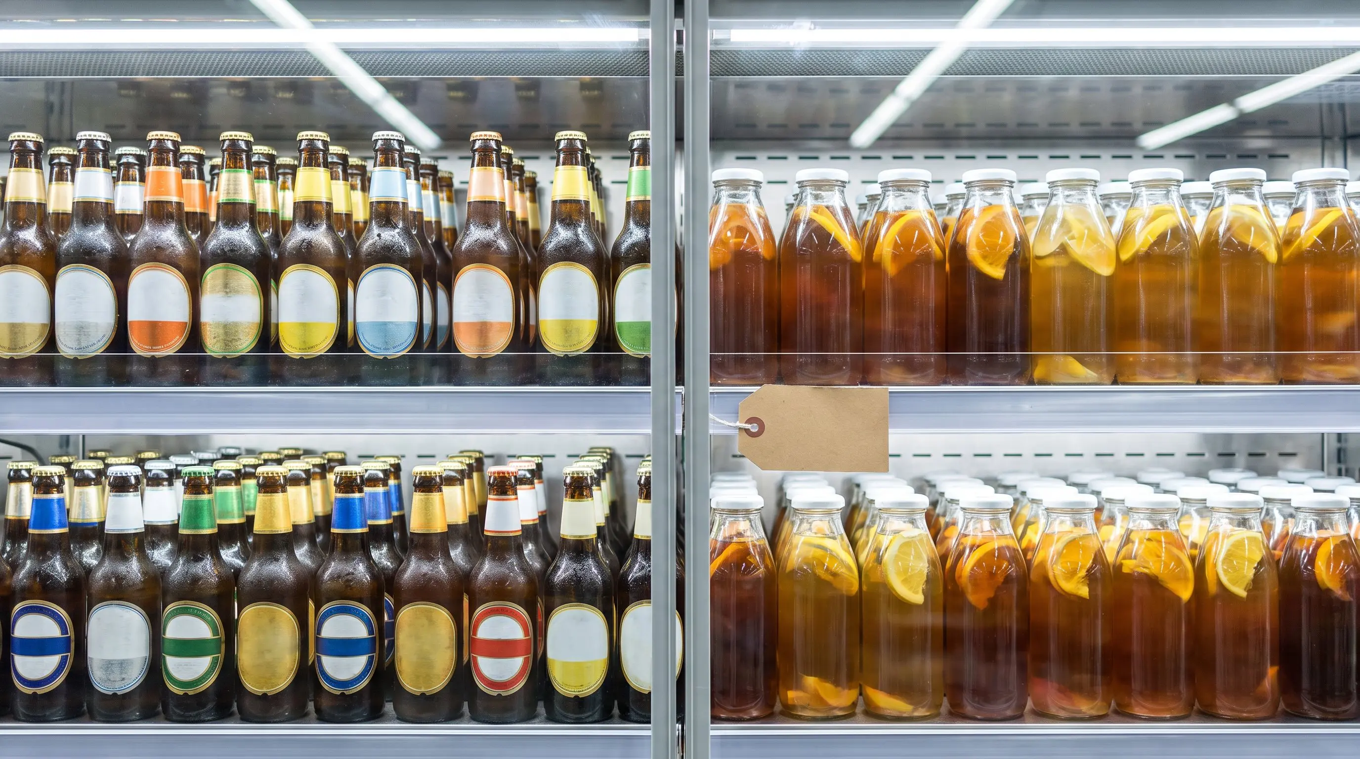 Freshly stocked cooler shelf with non alcoholic beer bottles and glass bottle iced tea