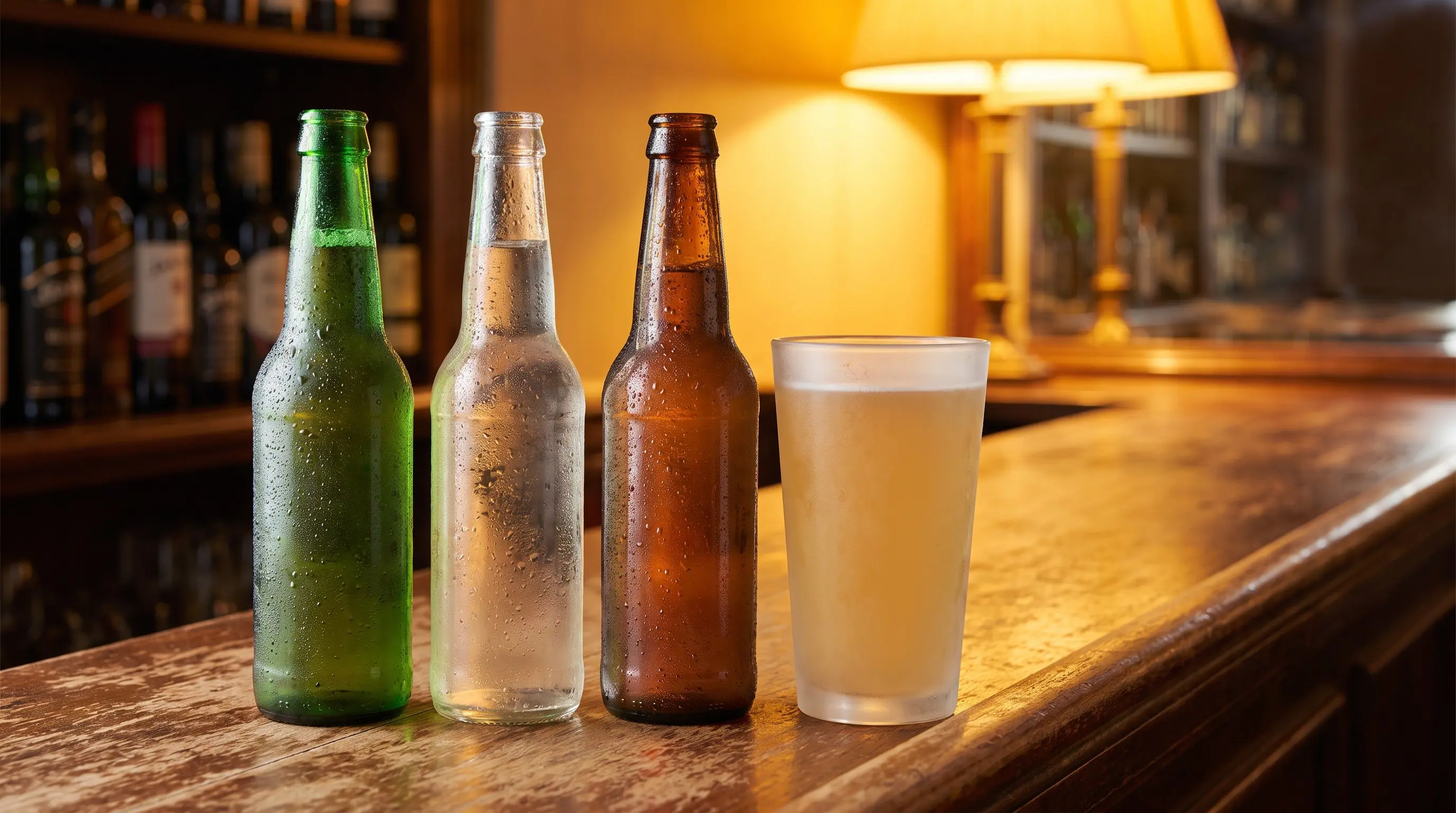 Three glass bottles of non alcoholic beer beside a frosted pint glass on a bar top
