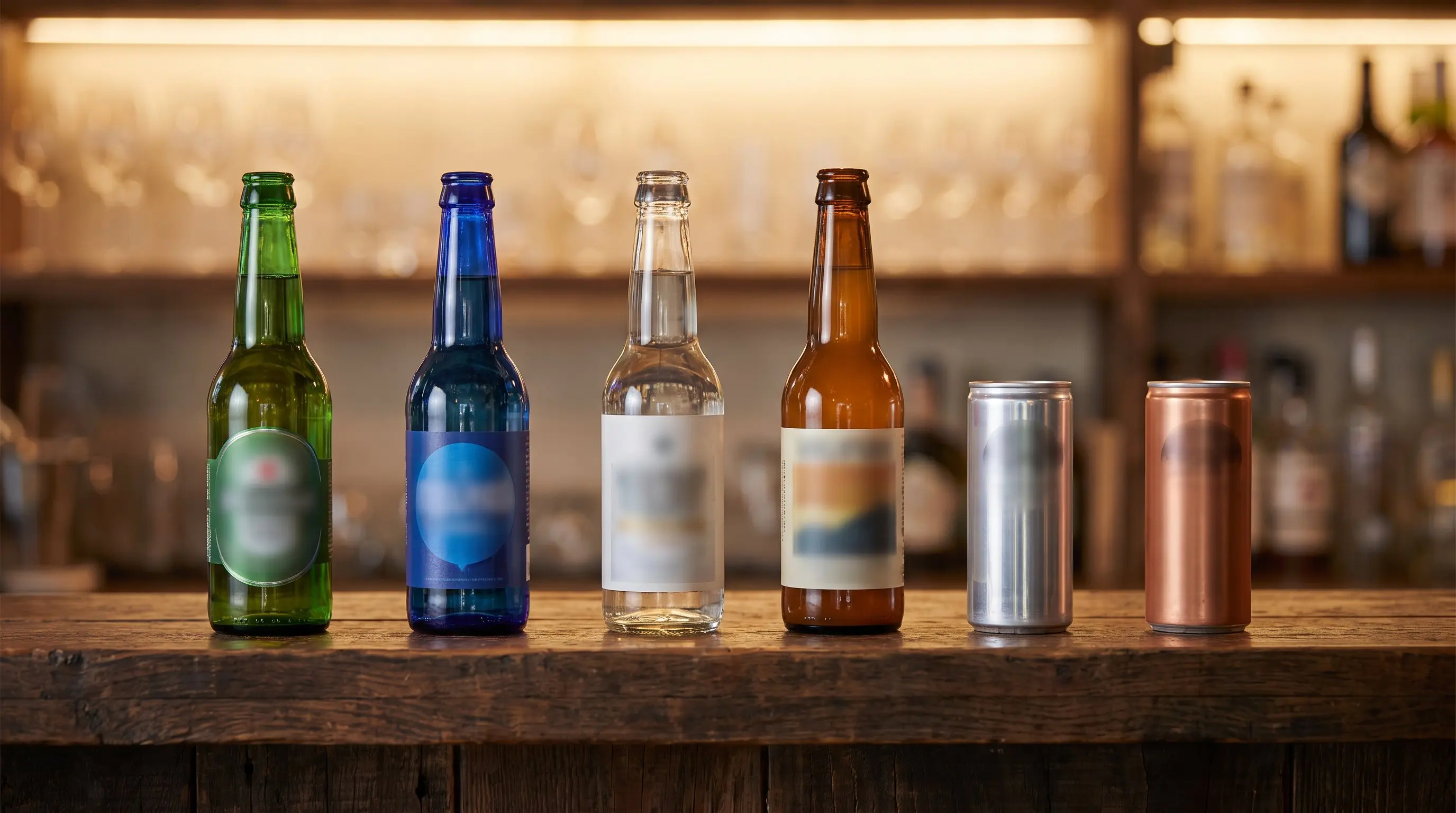 Six non alcoholic beers in bottles and cans lined up on a bar shelf