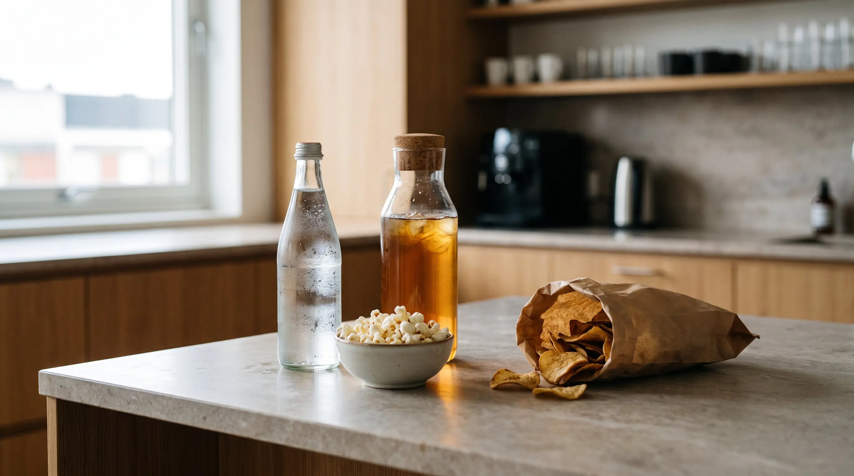 Sparkling water, glass bottle iced tea and a bowl of popcorn on an office kitchen counter