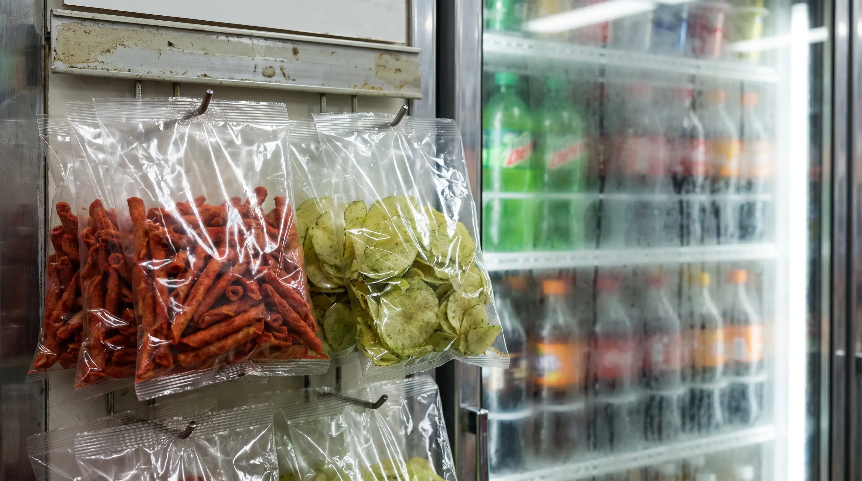 Shelf strip of spicy chips mounted beside a cooler door of glass bottle sodas