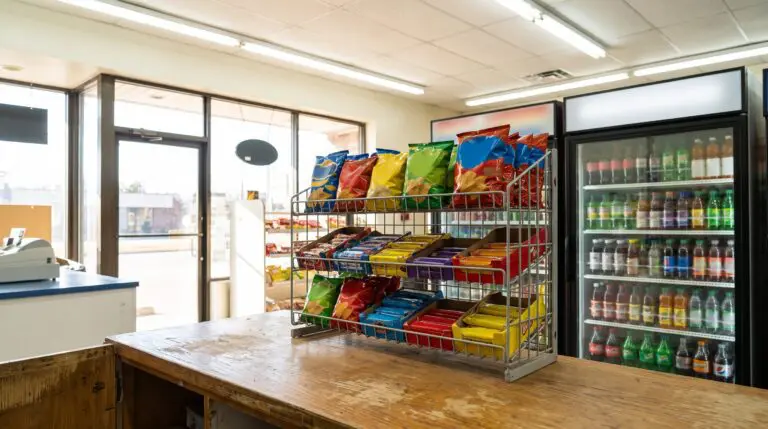 Wire snack rack of chips and candy beside a glass door drink cooler at a market checkout