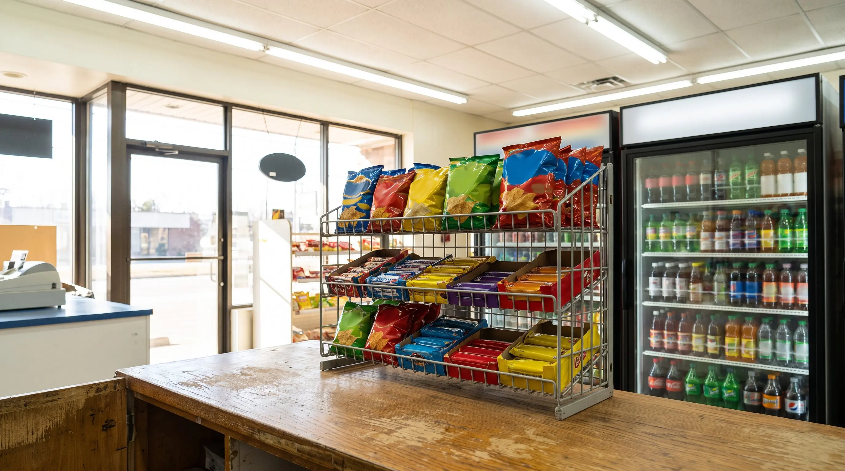 Wire snack rack of chips and candy beside a glass door drink cooler at a market checkout