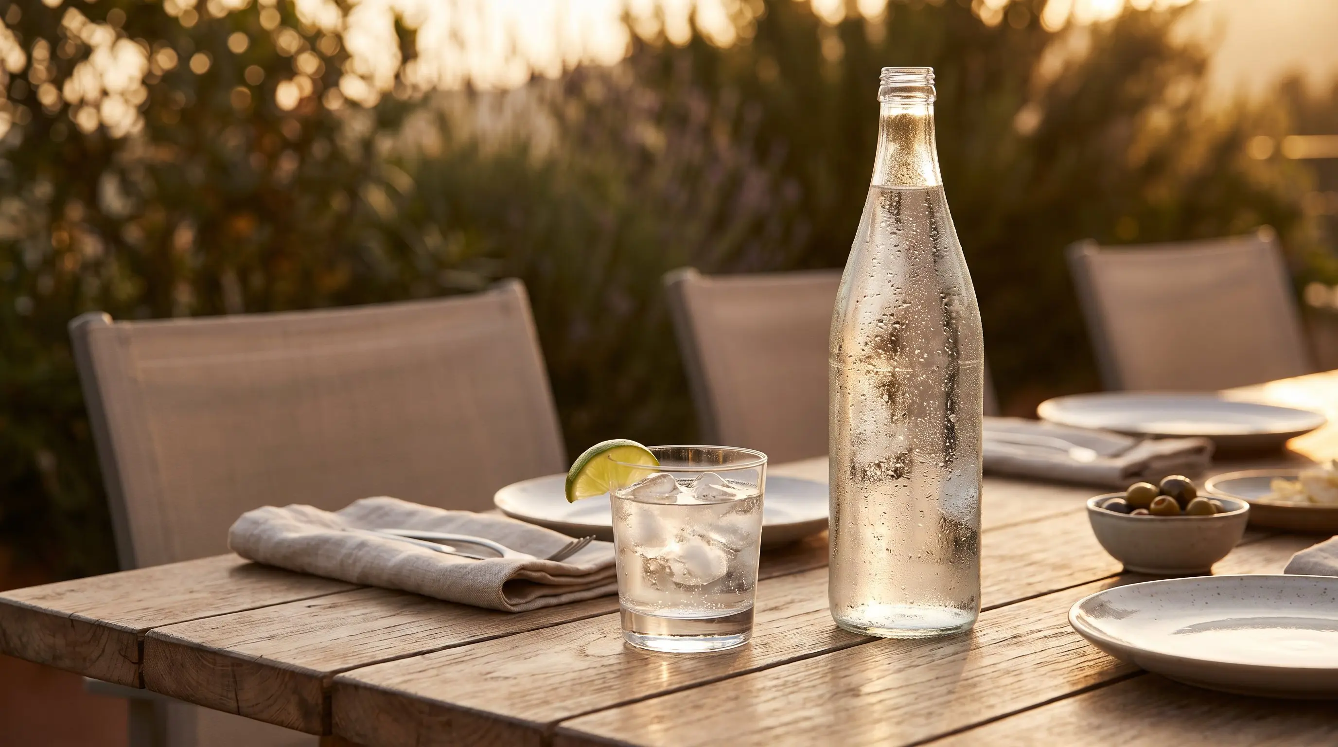 Glass bottle of sparkling mineral water beside a glass of ice and lime on a restaurant table