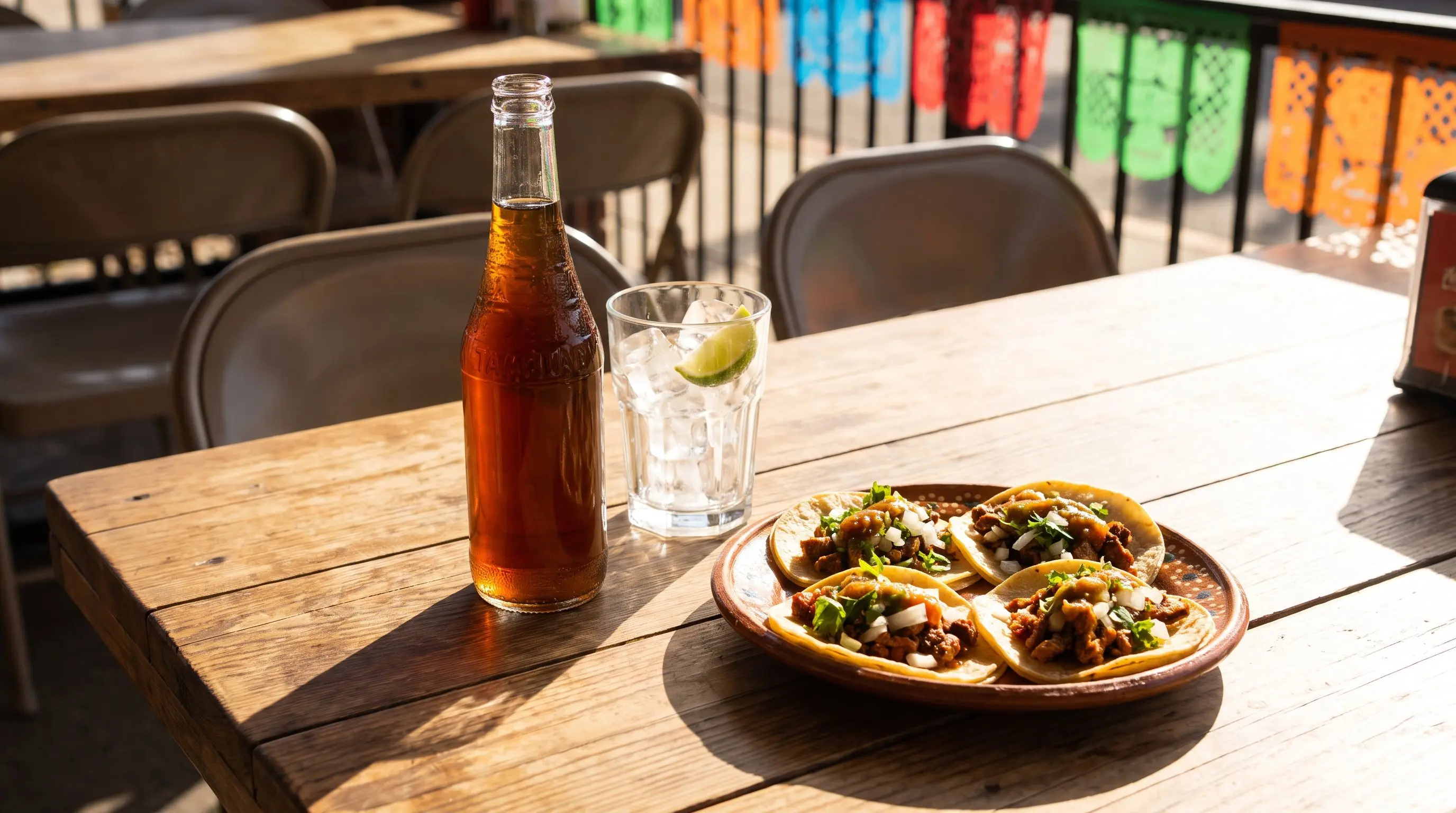 Tamarind soda in a glass bottle beside a glass of ice and a plate of tacos