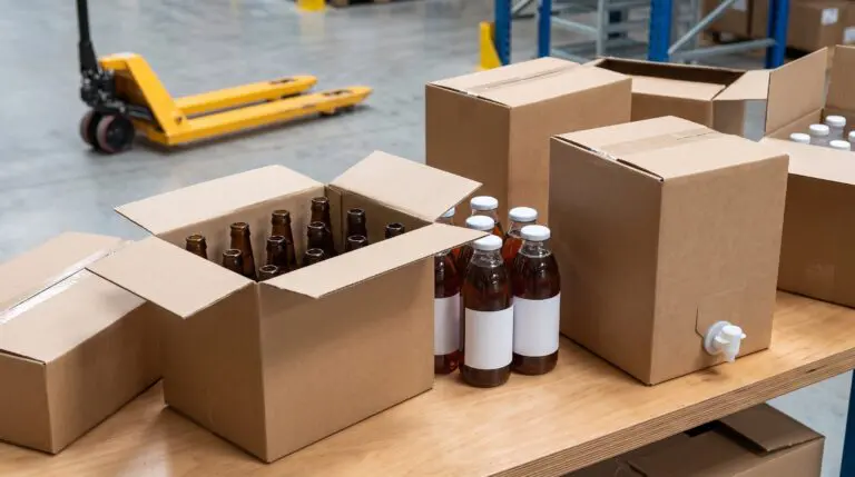 Freshly opened cases of bottled beer, bottled tea and a syrup carton on a warehouse receiving table