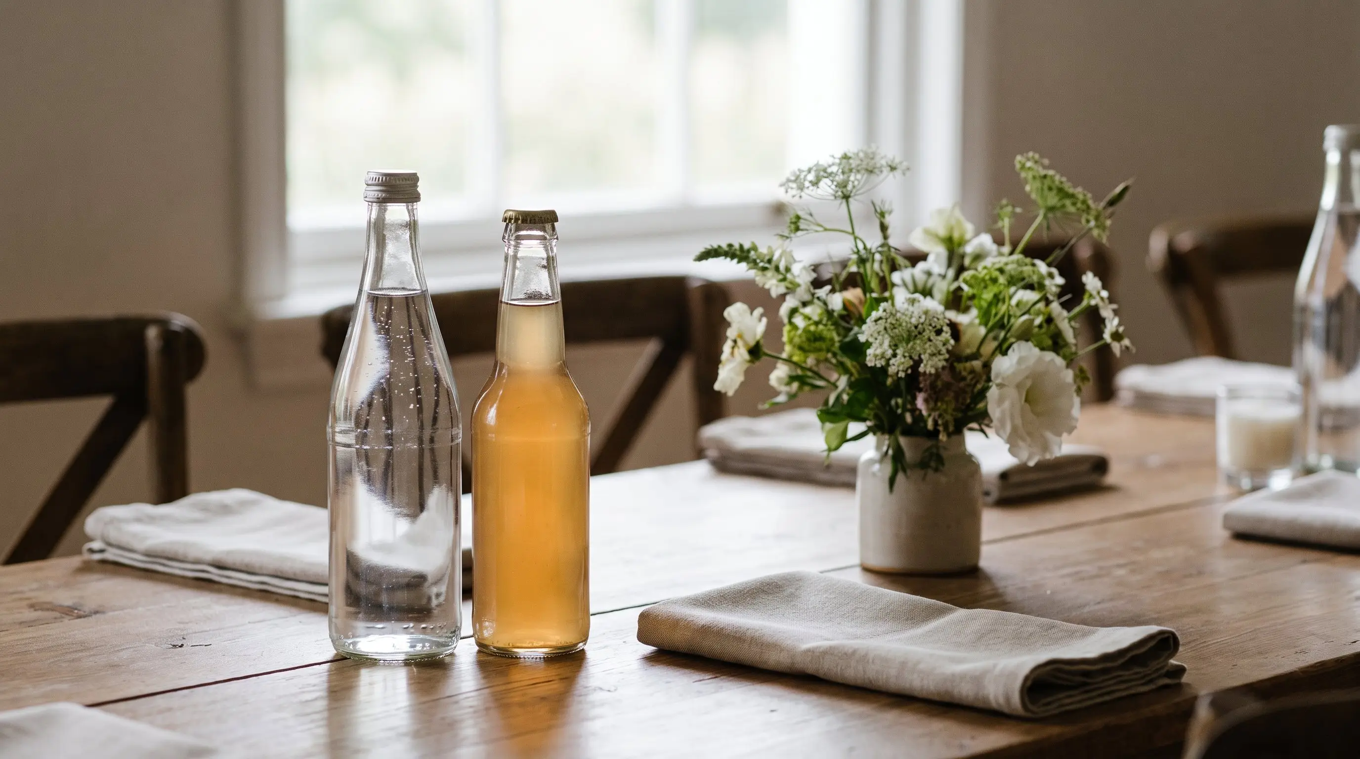 Glass bottles of sparkling water and tamarind soda on a wedding reception table