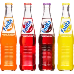 Assorted Fanta flavors in glass bottles.