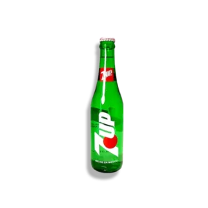 Green 7UP bottle on black background