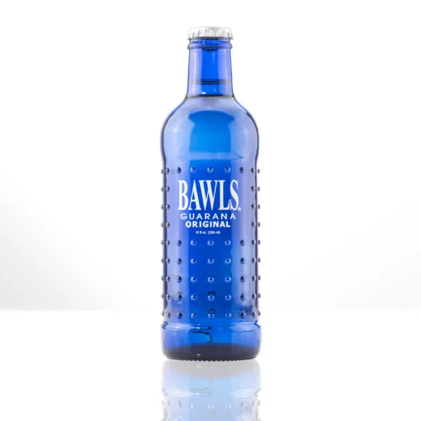 Cool blue BAWLS Guarana bottle design