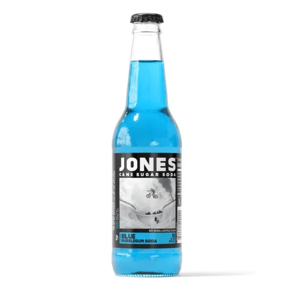 A blue Jones Soda bottle with a black and white label.