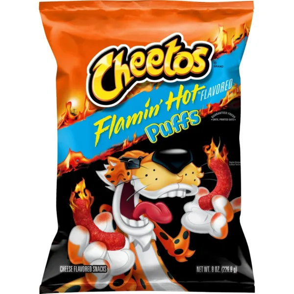 Spicy cheese puffs snack packaging