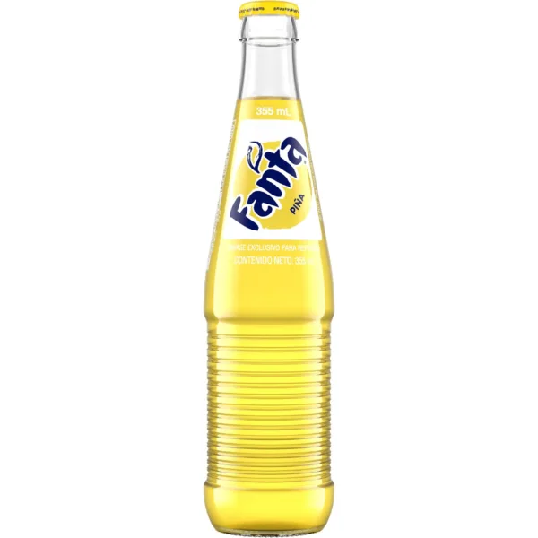 Yellow Fanta soda bottle on white background.