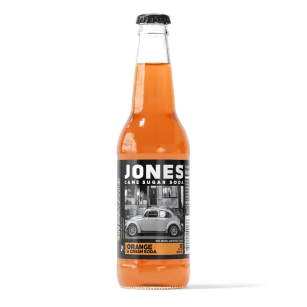 Classic orange soda in glass bottle.