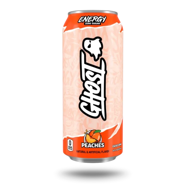 A can of Ghost Energy drink, peach flavor.