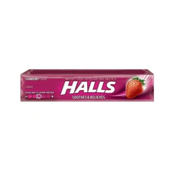 Halls strawberry flavor cough drops package
