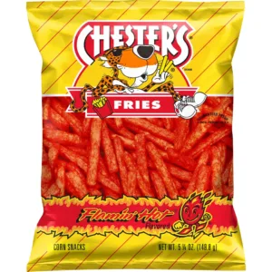 Chester's Fries packaging with fiery theme