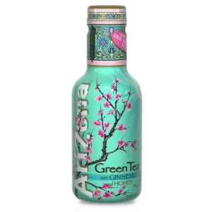 A bottle of Arizona Green Tea with cherry blossom design.