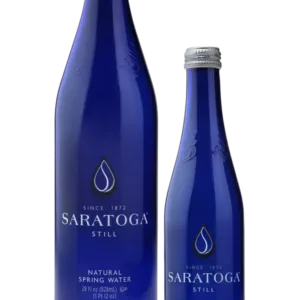 Blue Saratoga water bottles on black background