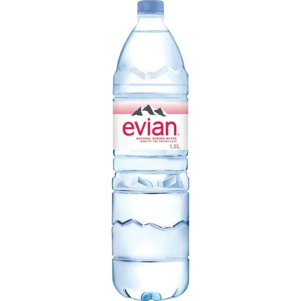 Clear plastic bottle with Evian label