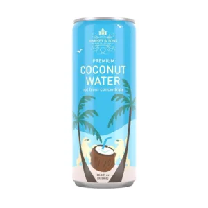 Blue coconut water can with palm trees