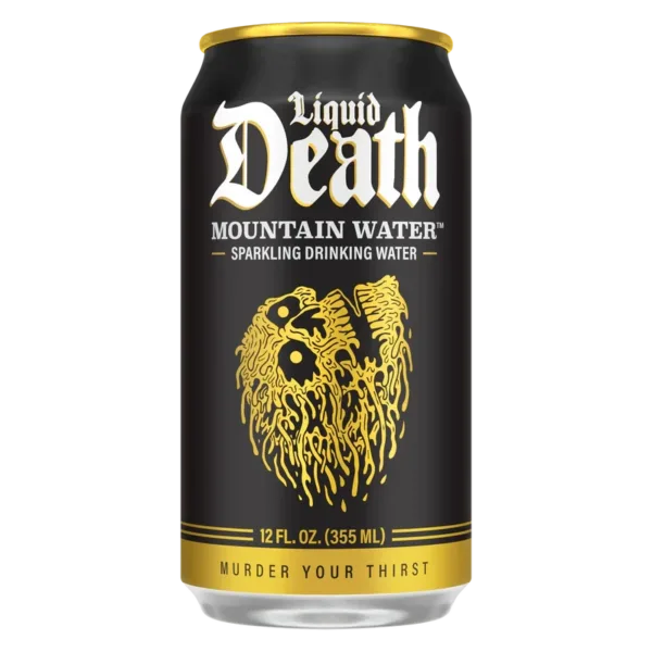 Black and gold Liquid Death water can