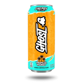 A can of Ghost Mango energy drink with vibrant orange and teal design.