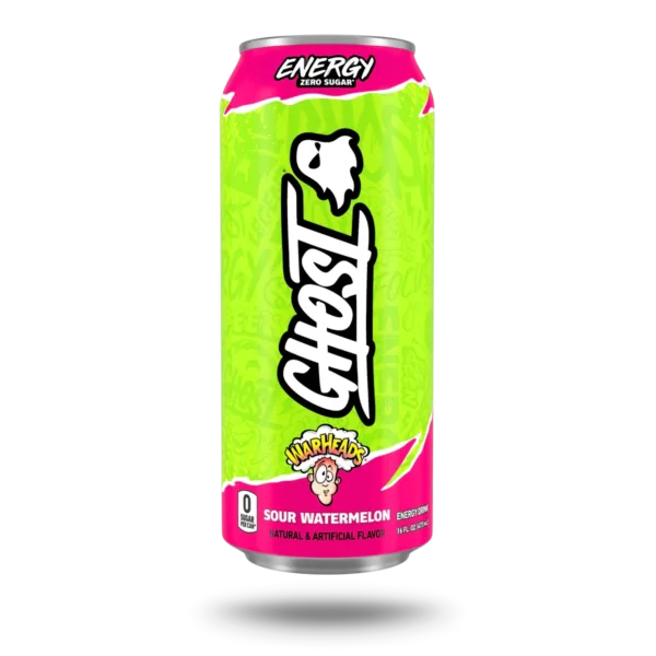 A neon green can of Ghost Energy drink with pink accents.