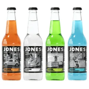 Assorted Jones soda bottles on white background