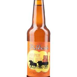 Amber-colored beer bottle with a western-themed label featuring a horse-drawn carriage.