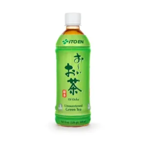 Green tea bottle with Japanese text