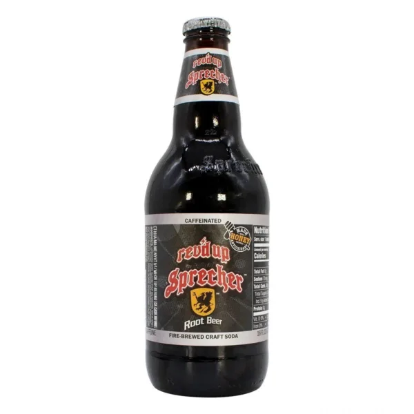 Caffeinated root beer beverage bottle