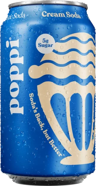 Close-up of a blue soda can with water droplets and white and blue design.