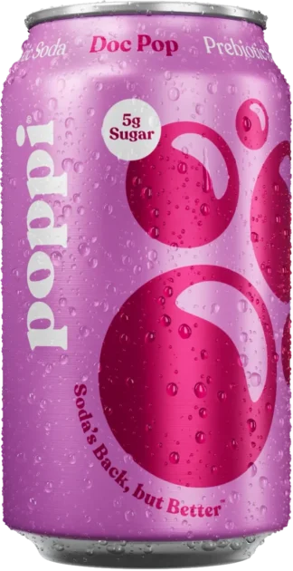 Close-up of a pink soda can with water droplets.