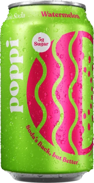 Close-up of a colorful soda can with pink and green design.
