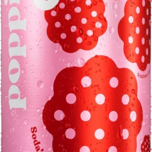 Close-up of a pink beverage can with red flower-like patterns and water droplets.