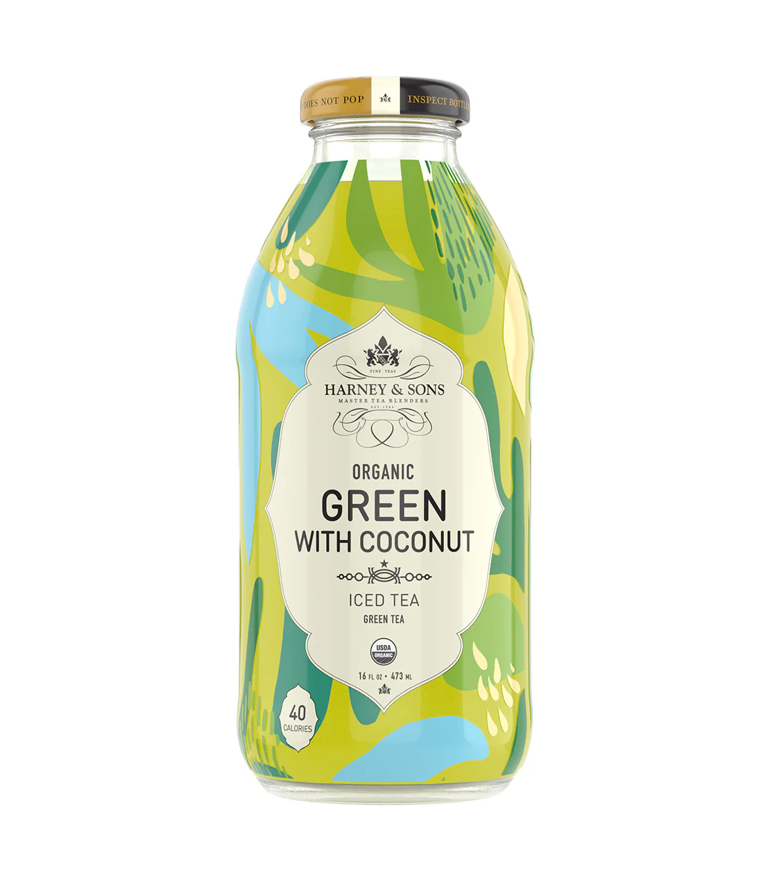 Glass bottle of green coconut flavored iced tea