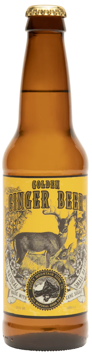 Bottle of golden ginger beer with deer label