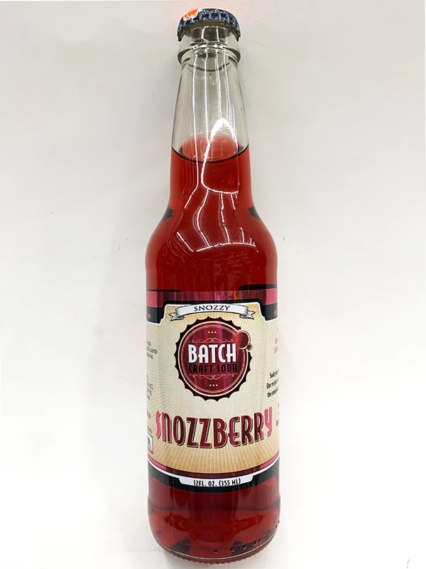 Bottle of red Snozzberry craft soda